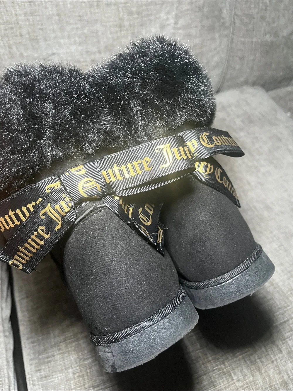 Juicy Couture Black Faux Fur Cuff Ankle Boots with Gold Logo Bows